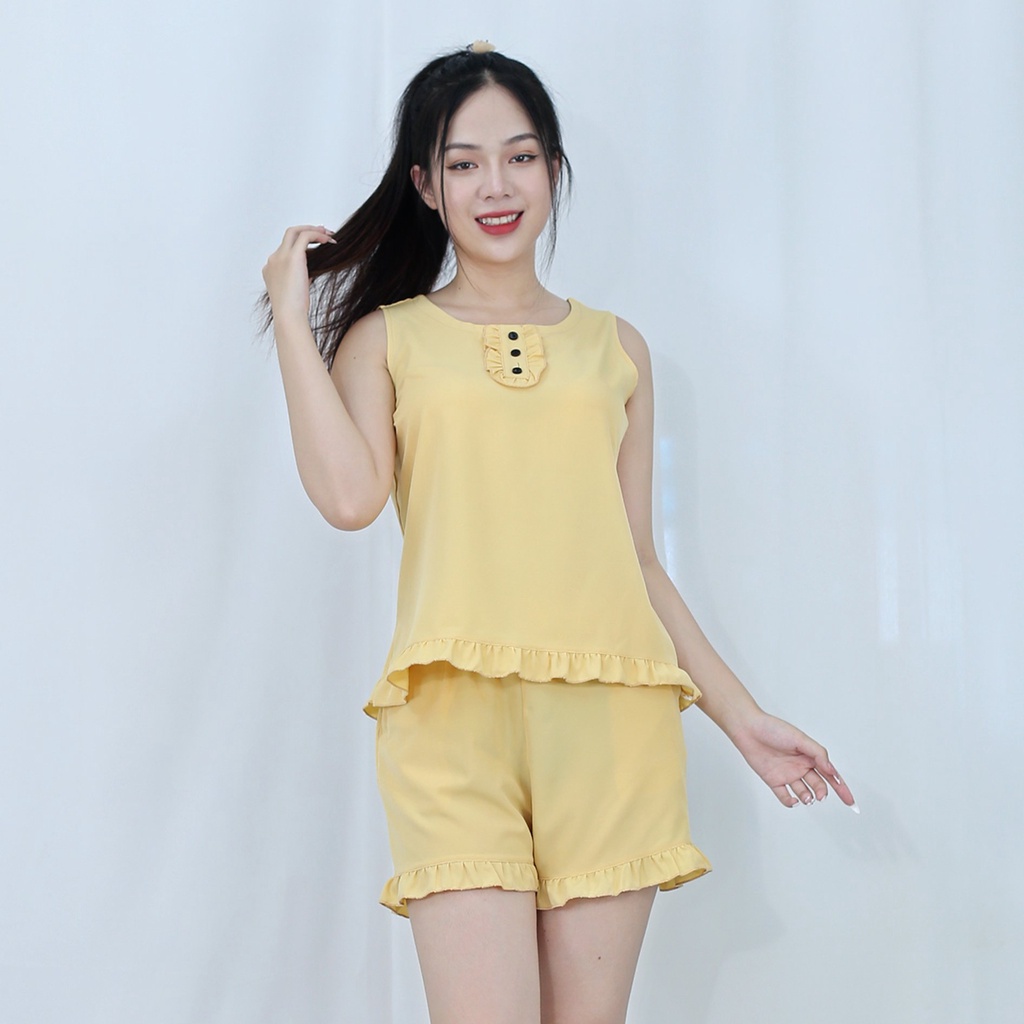 [HÌNH THẬT 100%]  Bộ đồ bộ ngắn  SÁT NÁCH BÈO VÀNG DA NÚT ĐEN  - vải lụa ao cấp  - Mềm mại nhẹ
