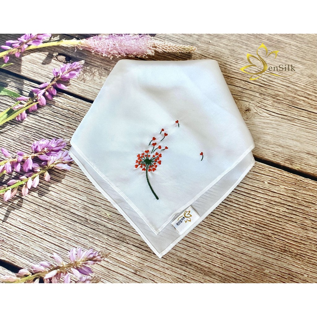 Khăn tay lụa thêu Bồ Công Anh Tim SenSilk 35x35cm, Quà kỷ yếu độc đáo
