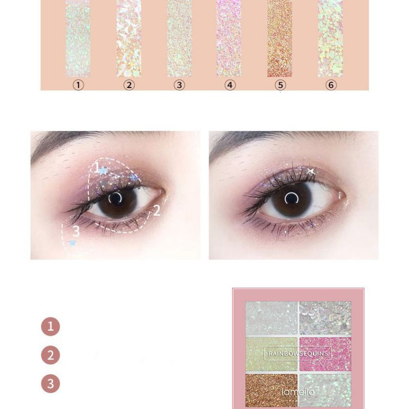 Hộp Nhũ Mắt Lameila Rainbow Sequins No.5072 Lấp Lánh 6 Ô