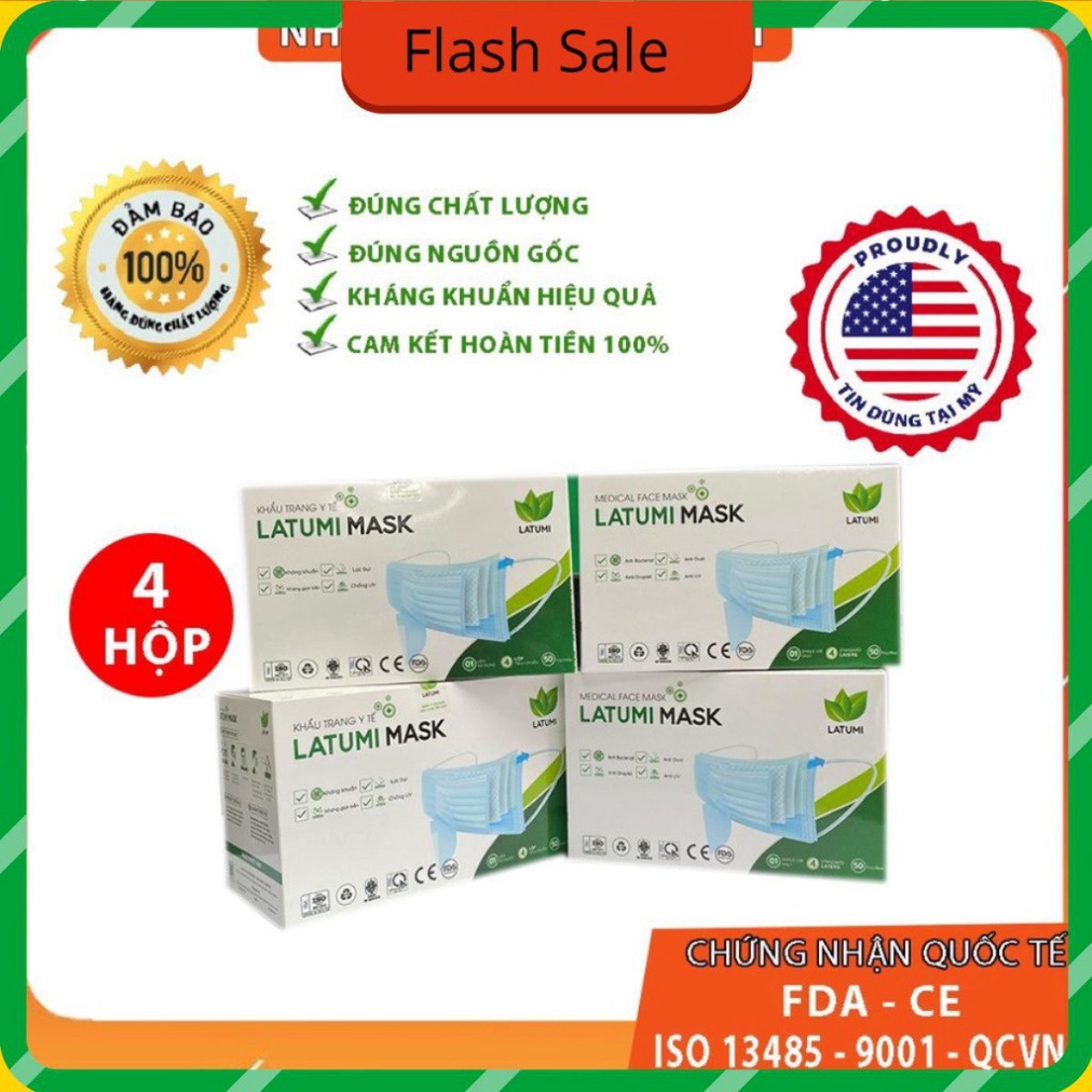 COMBO 4 HỘP Khẩu Trang Y Tế 4 Lớp Kháng Khuẩn LATUMI Mỗi Hộp 50 Chiếc  Có Tác Dụng Phòng Chống Vi khuẩn bluesstore01