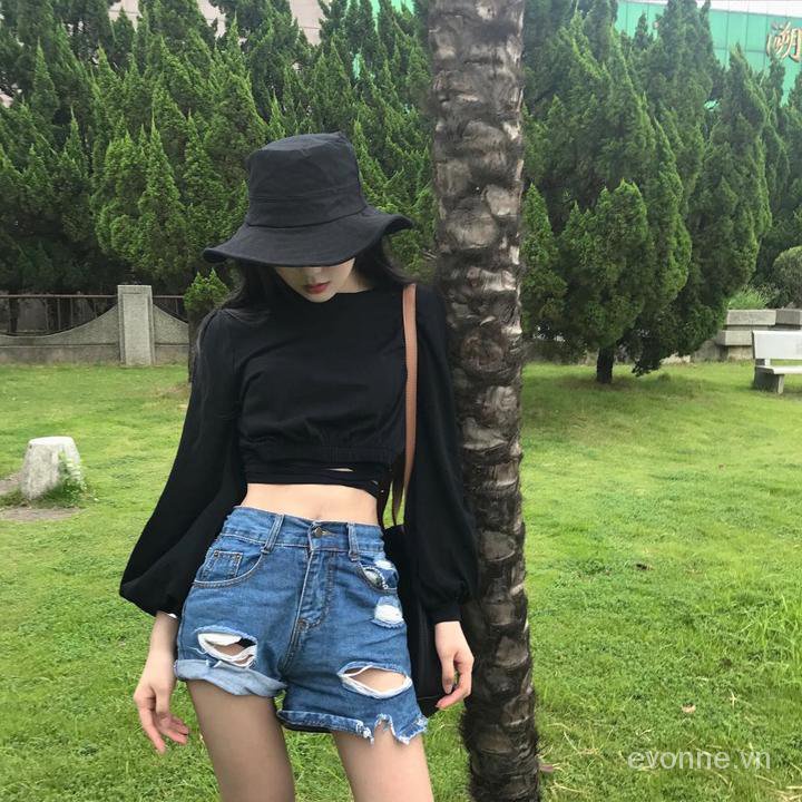 Áo Croptop Tay Dài Màu Đen Eo Cao Phong Cách Hồng Kông Quyến Rũ Cho Nữ