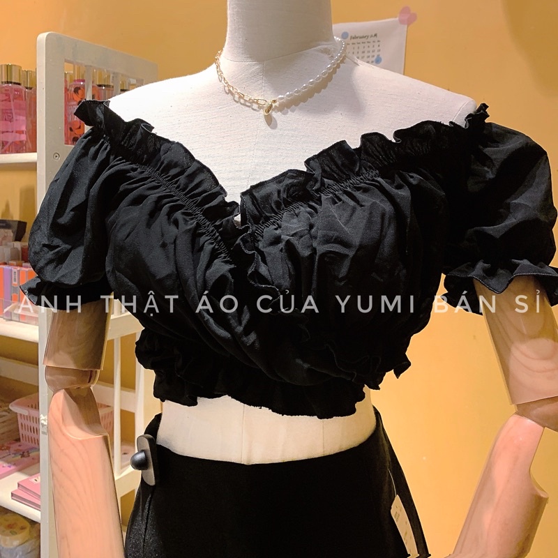 Áo croptop Bèo cổ v đắp chéo buộc nơ Áo Kiểu Tay Phồng Cột Eo mặc đi chơi siêu đẹp Phong Cách Ulzzang A01