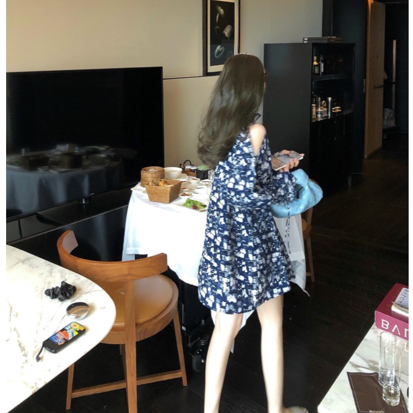 [SALE CHÀO HÈ] Váy hoa nhí chất liệu thun co giãn 4 chiều hở vai màu xanh dương siêu hot hit | BigBuy360 - bigbuy360.vn