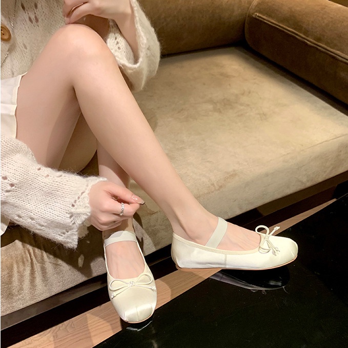 Giày Múa Ba Lê Đế Bằng Miệng Nông Đính Nơ Kiểu Retro Pháp Dễ Thương