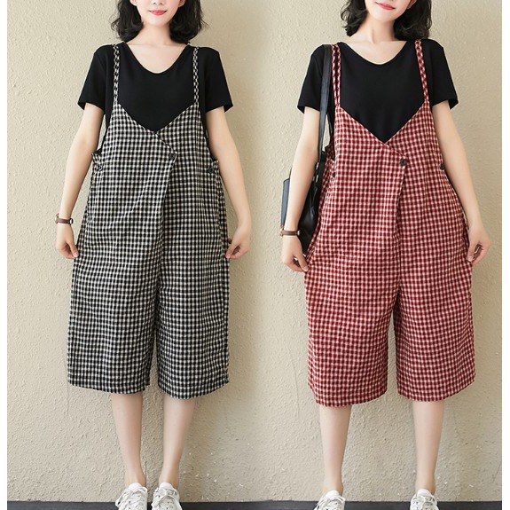 G1021 Quần yếm big size freesize họa tiết kẻ caro nhỏ dây bản nhỏ thiết kế trẻ trung