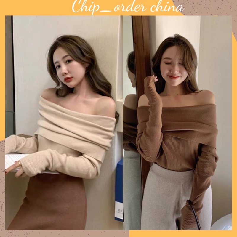 Áo len trễ vai mặc 2 kiểu hàng quảng châu taobao chất liệu len tăm do dãn 4 chiều