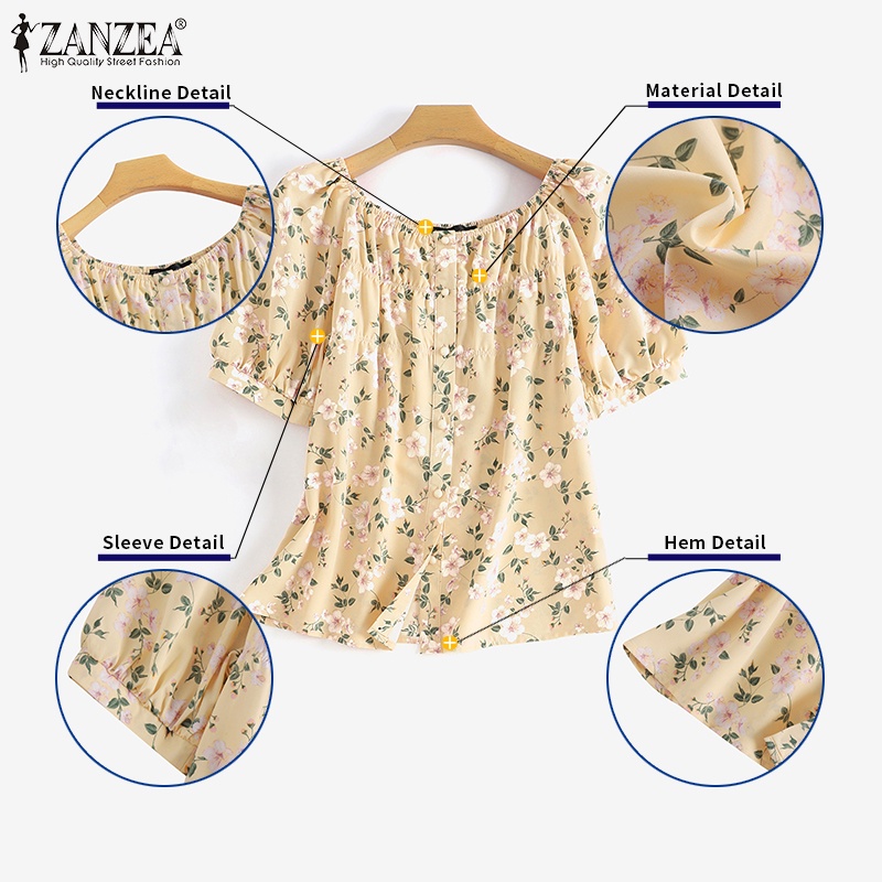 Áo Zanzea kiểu tay phồng in họa tiết hoa phong cách Hàn Quốc dành cho nữ
