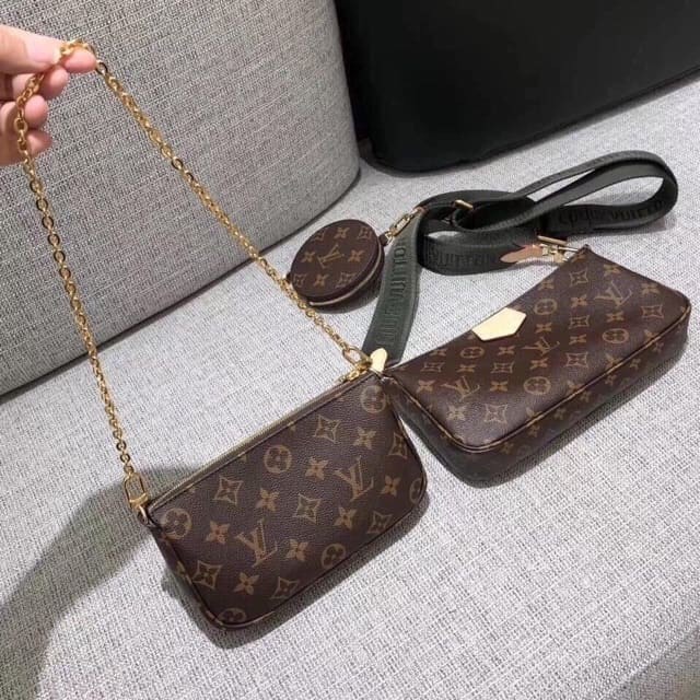 Túi xách nữ Set túi 3 món l.V 3 in 1 đeo chéo đeo vai dây dù nâu hot trend , kèm phụ kiện  thời trang sm