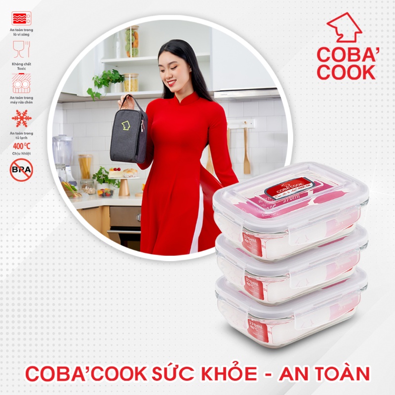 Bộ 3 hộp cơm thủy tinh chịu nhiệt COBACOOK hình chữ nhật dung tích 370ml- CCL33BS