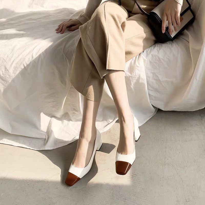 Giày cao gót công sở gót vuông 5 phân da lì phối màu cực sang- Có size lớn cho chân ngoại cỡ