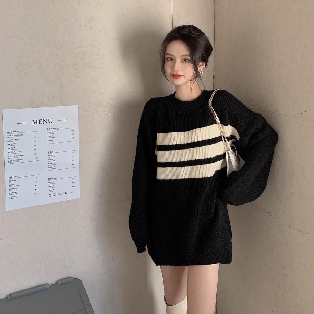 HUANG YOYO Áo croptop Áo len nữ dài tay cổ tròn sọc ngang thời trang Hàn
