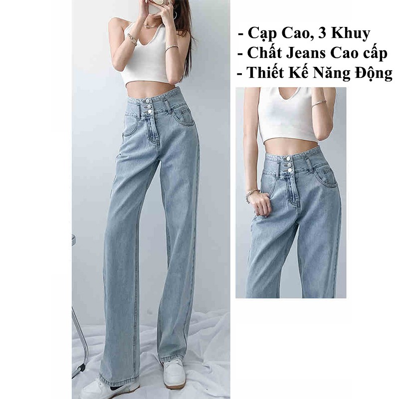 Quần Jean Nữ Cạp 3 Cúc Màu Xanh Bạc Lưng Cao Ống Suông Dài Phom Rộng Phong Cách Hàn Quốc Chất Vải Co Dãn Cao Cấp Loại 1 | BigBuy360 - bigbuy360.vn
