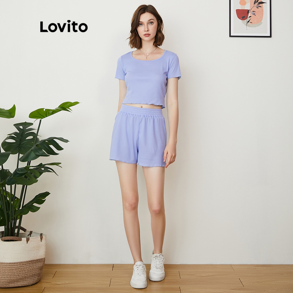 Lovito Bộ quần short cơ bản cổ tròn vải trơn trơn màu L24AD114 (Xanh lam)