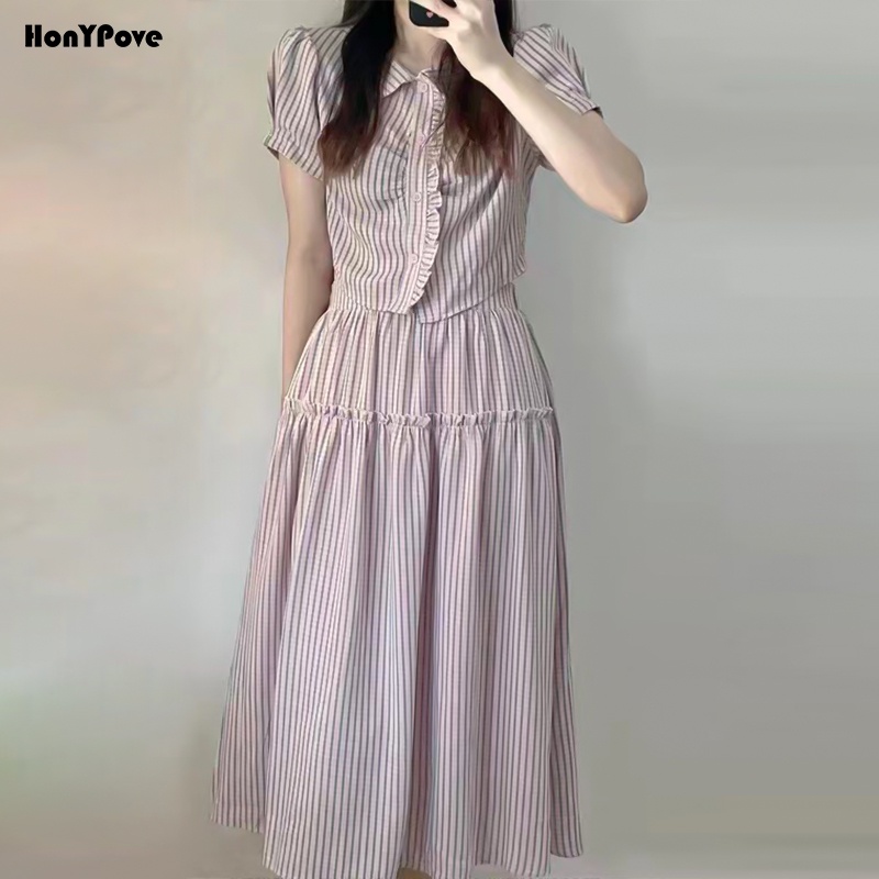 Set Áo Sơ Mi Ngắn Tay Và Chân Váy Ngắn Họa Tiết Sọc Caro Phong Cách Hàn Quốc