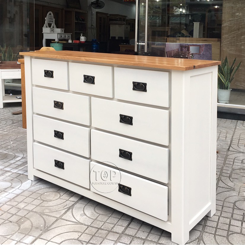 Tủ 9 ngăn kéo gỗ sồi màu trắng đỉnh sồi TOP-216W