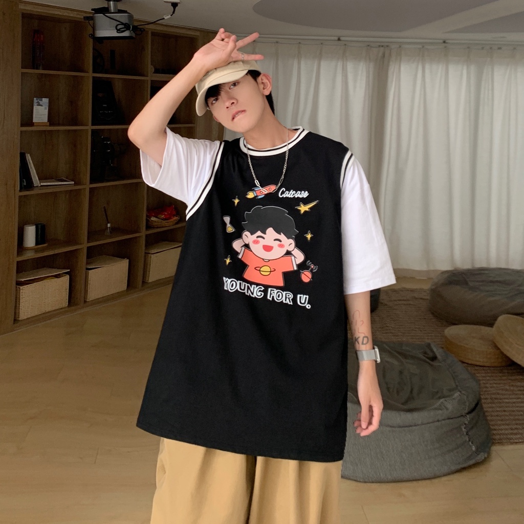 Áo thun tay lỡ unisex Cậu Bé Keep Up phối tay MOSSSHOP - Áo phông bóng chày nam nữ phong cách ulzzang form rộng 65kg