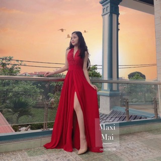 (Bán sỉ) Đầm maxi cổ yếm phối ren xẻ tà có mút ngực + Ảnh thật