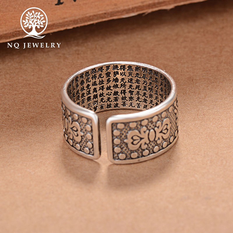 Nhẫn hợp kim mạ bạc khắc lục tự đại minh chú và bát nhã tâm kinh - NQ Jewelry