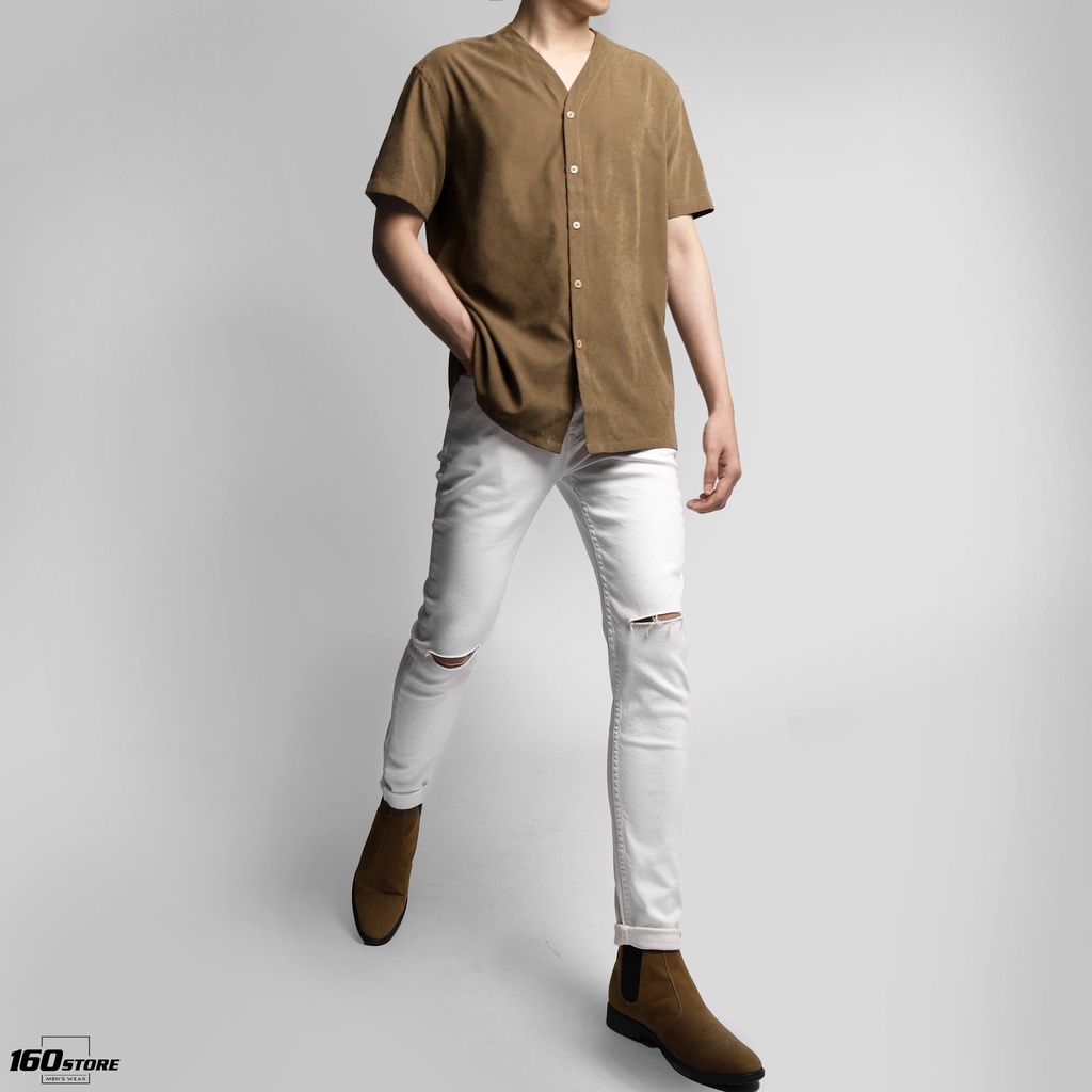 Áo Sơ Mi Nam Ngắn Tay Trơn Cổ Trụ, Vải Giả Da Lộn, 04 Màu, Form Relaxed Fit SMNO0061 160STORE | BigBuy360 - bigbuy360.vn