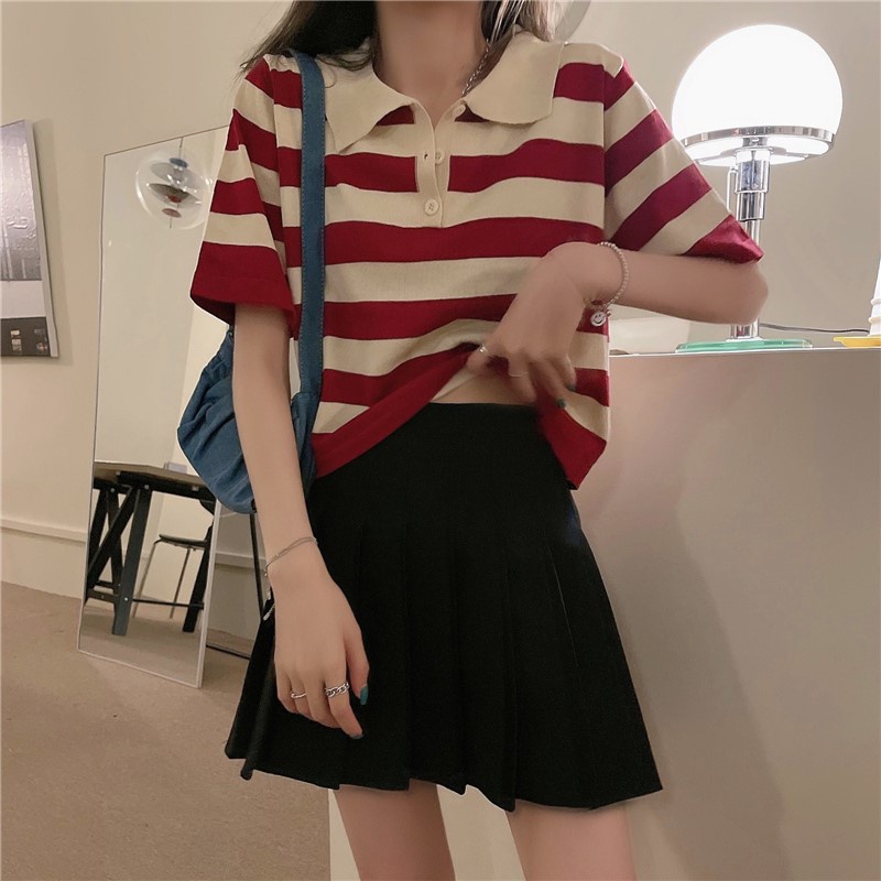 Áo polo Dệt Kim Tay Ngắn Dáng Rộng Họa Tiết Kẻ Sọc Thời Trang Mùa Hè Cho Nữ Quảng Châu cao cấp AL12 Kozoda