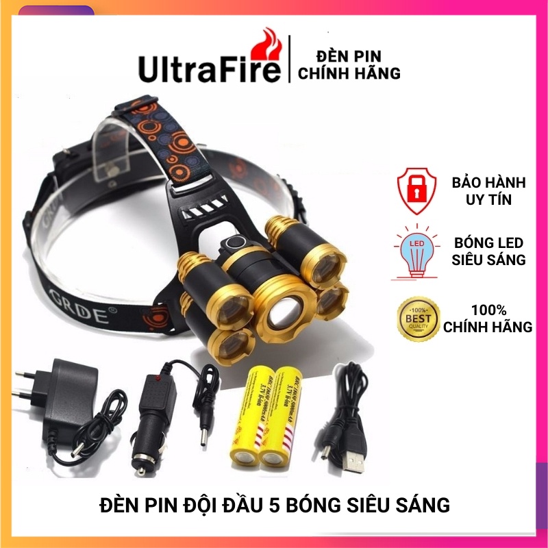 Đèn pin đội đầu * Đèn pin đội đầu 5 bóng led siêu sáng * kèm sạc chống nước - Bảo hành 12 tháng