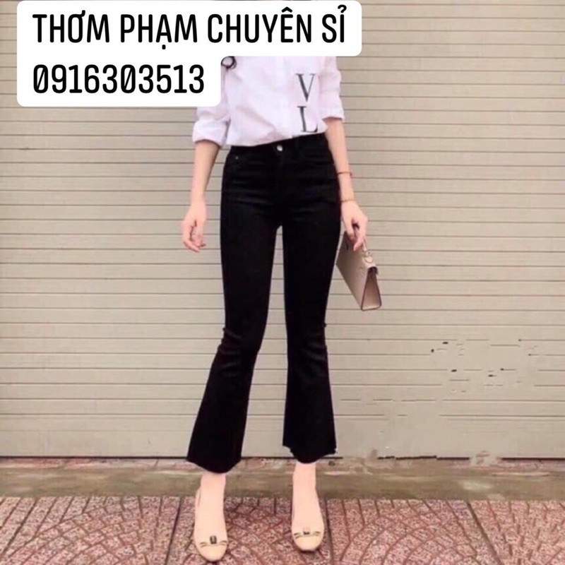 Quần jeans ống loe nữ trơn co dãn cạp cao