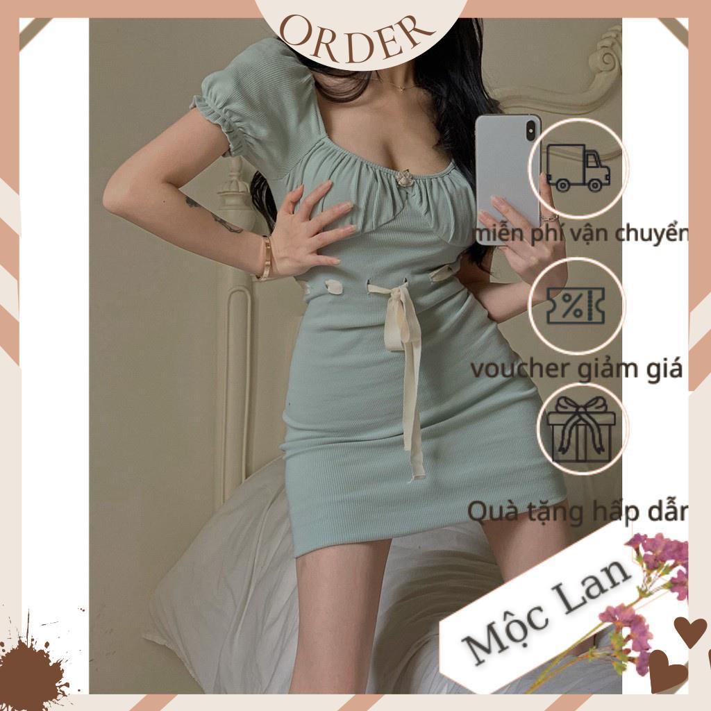 (MộcLan ORDER) Váy thun cổ vuông thết kế eo luồn dây thắt nơ điệu đà gợi cảm ôm body hàng quảng châu