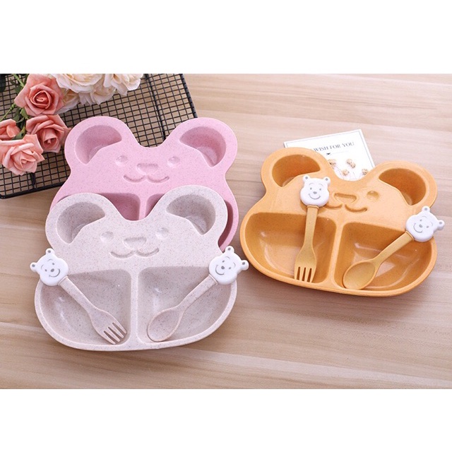 Khay ăn dặm lúa mạch kèm thìa dĩa hình gấu cho bé Acute Baby