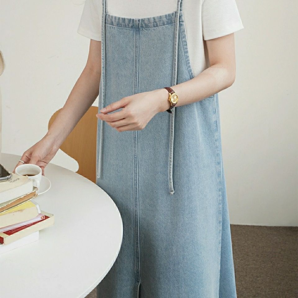 [LININ] Đầm Yếm Denim Dài Qua Gối Không Tay Dáng Rộng Phong Cách Hàn Quốc Mới