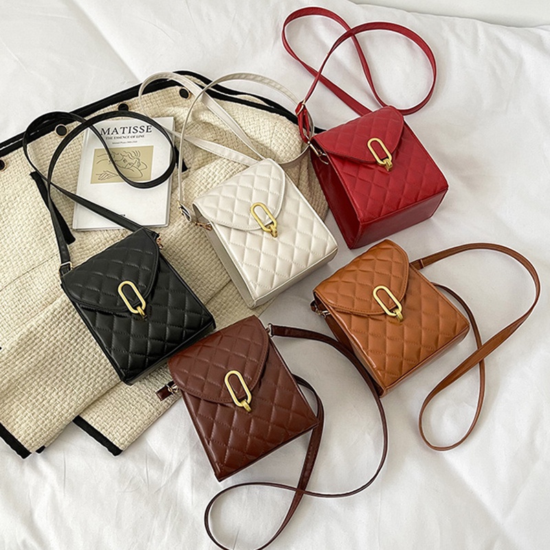 Túi đeo chéo IELGY dáng vuông nhỏ có khóa họa tiết hình thoi đơn giản dành cho nữ