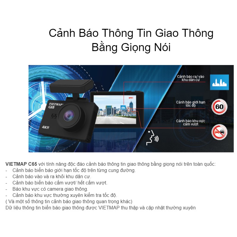 VIETMAP C65 - Camera Hành Trình Cảm Ứng Ghi Hình Trước Sau + Cảnh báo bằng giọng nói + Wifi + TẶNG Thẻ nhớ 32GB - HÀNG C