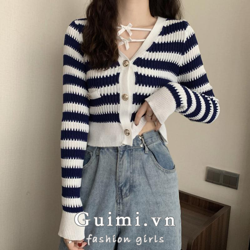 NZN Áo Khoác cardigan Dệt Kim Tay Dài Cổ Chữ V Hoạ Tiết Kẻ Sọc Phong Cách Hàn Quốc