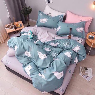 Bộ chăn ga cotton poly mèo xanh