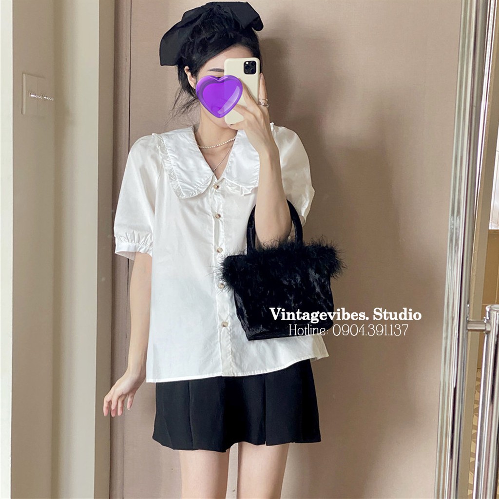 Áo babydoll cổ bèo phối khuy tay bồng Ulzzang (hàng QC) - Ảnh thật