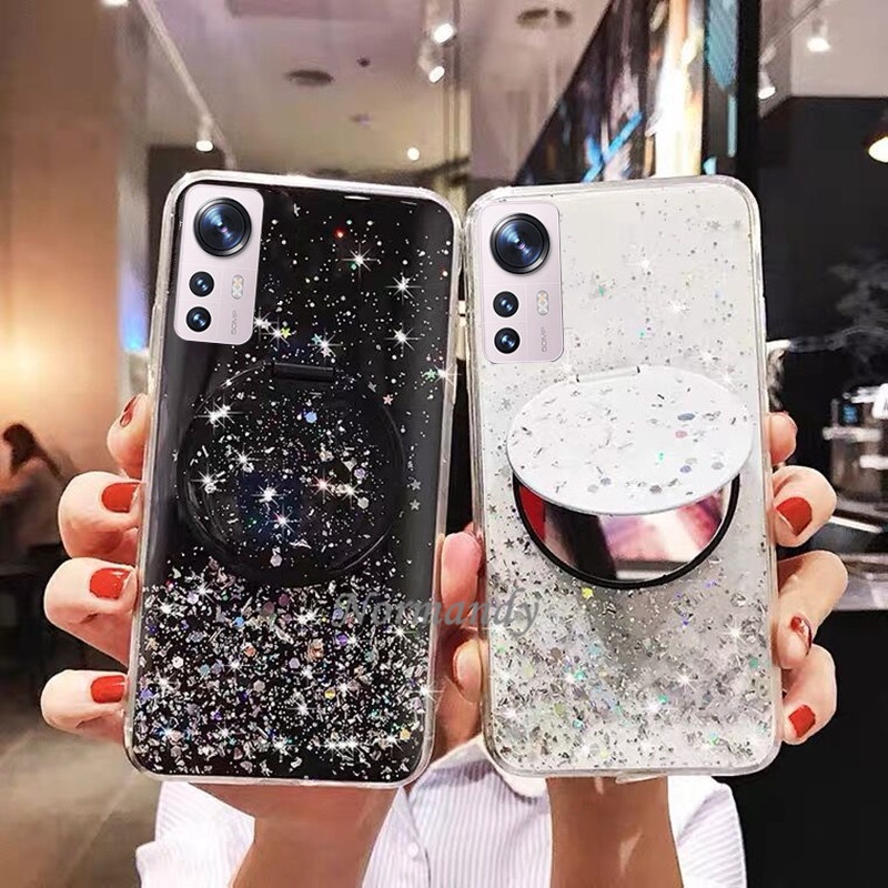 Ốp Điện Thoại Silica Gel Mềm Lấp Lánh Có Gương Trang Điểm Cho Xiaomi 12 Mi 12Pro 11T Pro Mi 11 Lite 5G NE Đứng