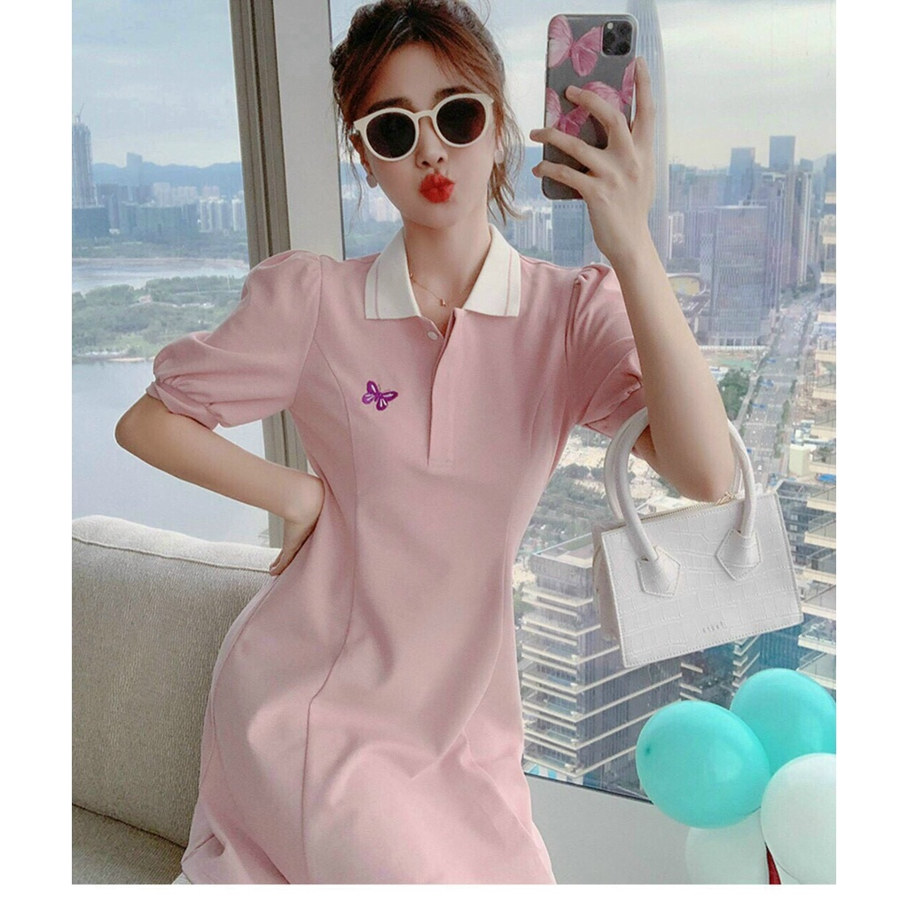 Đầm thun tay búp in hình bướm dáng ngắn xòe, đầm thun polo phối cổ trắng tiểu thư phong cách hàn quốc xinh đẹp