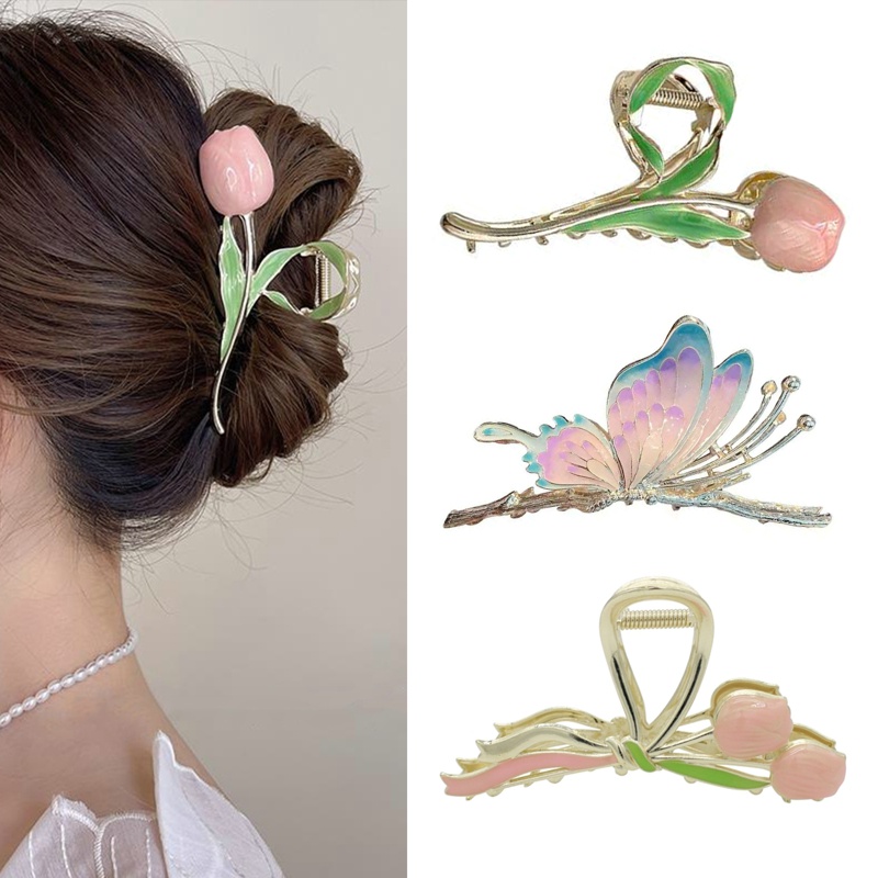Set 3 Kẹp Tóc Hoa Tulip / Cá Mập / Cá Mập Phong Cách Vintage Ngọt Ngào Cho Nữ