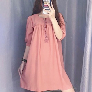Đầm babydoll váy suông hồng nơ cổ (kèm hình thật)