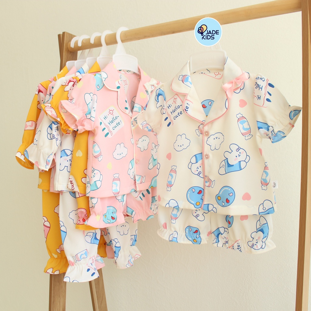Đồ bộ cho bé gái JADEKIDS | Bộ Pijama lụa siêu kute họa tiết xinh cho bé từ 7kg đến 17kg