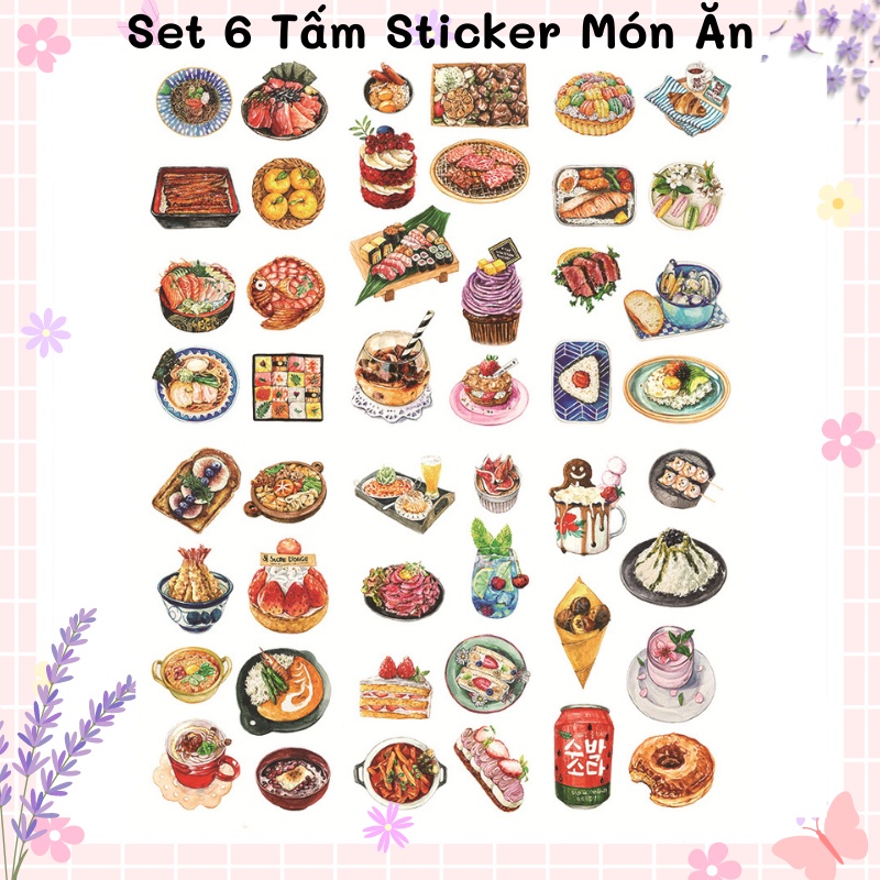 Set 6 Tấm Sticker Dán Đồ Ăn Vặt Trang Trí Sổ Tay gocnhocuaco VPP0131