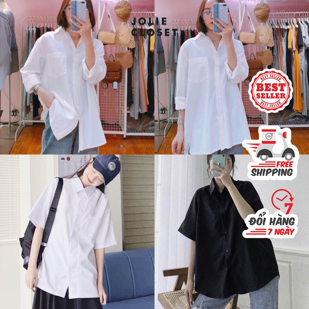 Áo sơ mi trắng đen tay dài, tay ngắn unisex basic dễ phối đồ