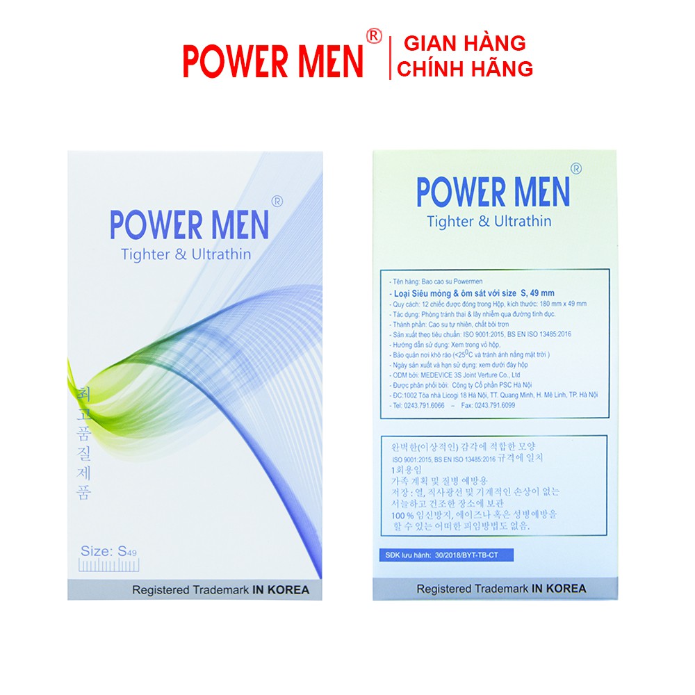 Bao cao su Powermen Tighter & Ultrathin Siêu Mỏng, Ôm sát Size 49mm Hộp 12 chiếc (TSI)