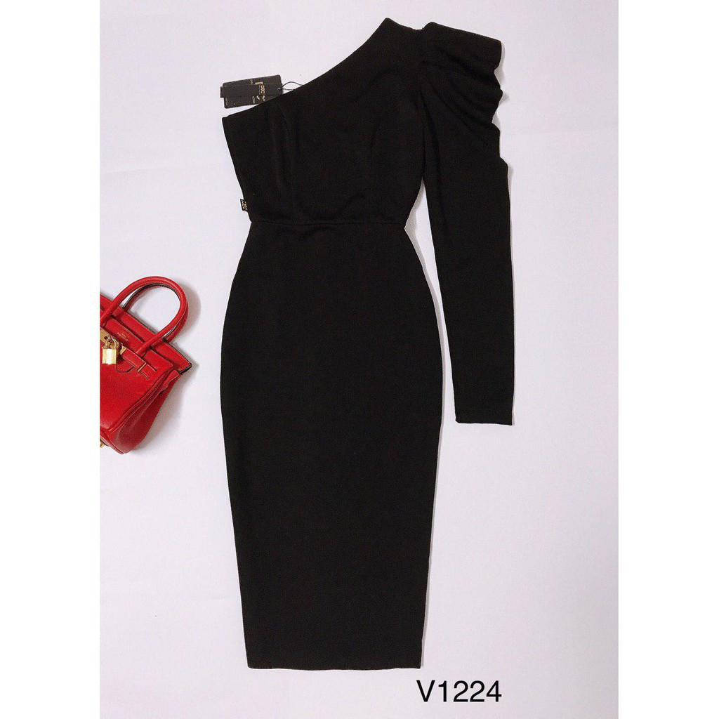 [ xả kho ] MiD Đầm đen body tay bồng lệch vai V1224 Mie Design kèm ảnh thật