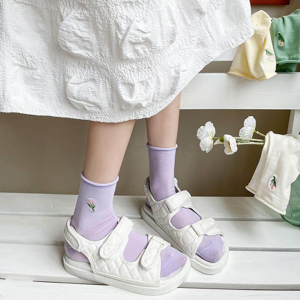 Vớ Cotton Thoáng Khí Thoải Mái Thêu Họa Tiết Hoa Tulip Màu Sắc Đơn Giản Phong Cách Harajuku Cho Nữ