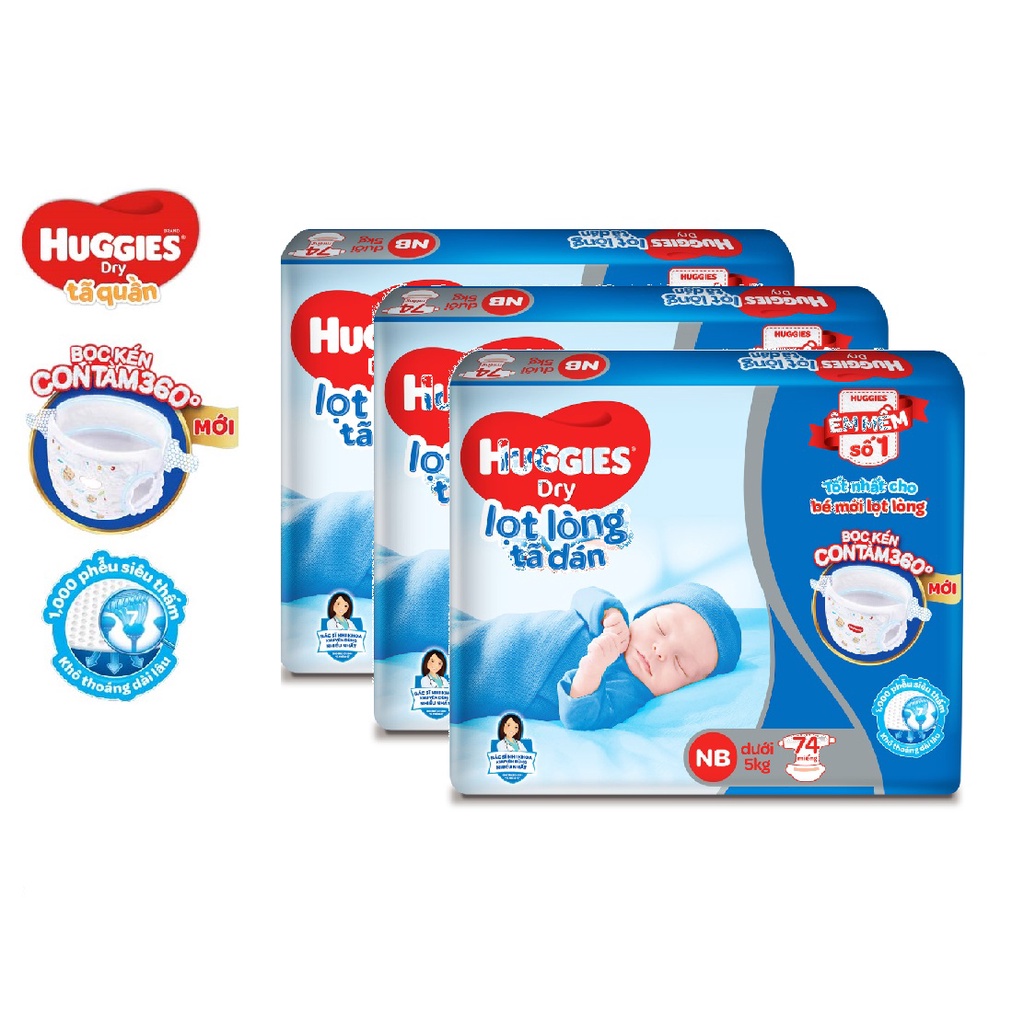 Combo 3 Bịch Tã dán Sơ Sinh Huggies NB74 +10 Miếng (Mẫu Mới)