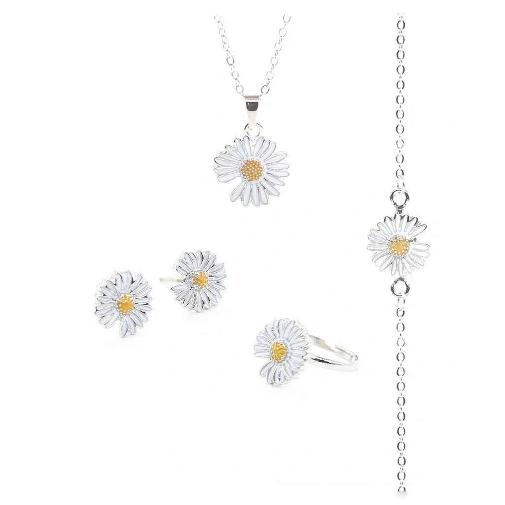Set lắc tay, vòng cổ, khuyên, nhẫn hoa cúc Daisy