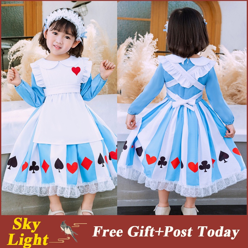 Kids Clothes Girls Lolita Children Long Sleeve Princess Dress Halloween Costume Maid Set Alice Wonde