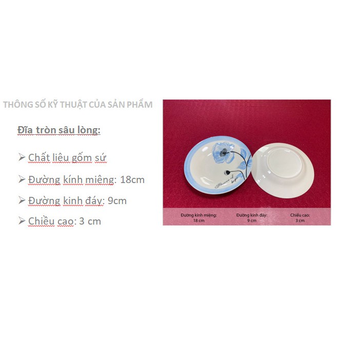 Đĩa sứ cao cấp Bát Bảo họa tiết xanh lam, đk 18cm  sâu lòng, bền – đẹp – rẻ.