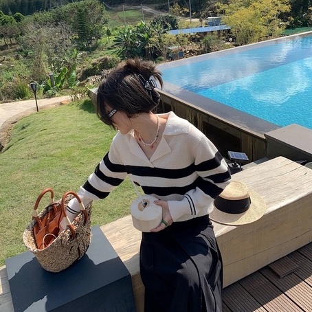 Áo kiểu ZHELIHANGFEI dệt kim cổ polo tay dài dáng ngắn rộng họa tiết kẻ sọc dễ phối đồ thời trang