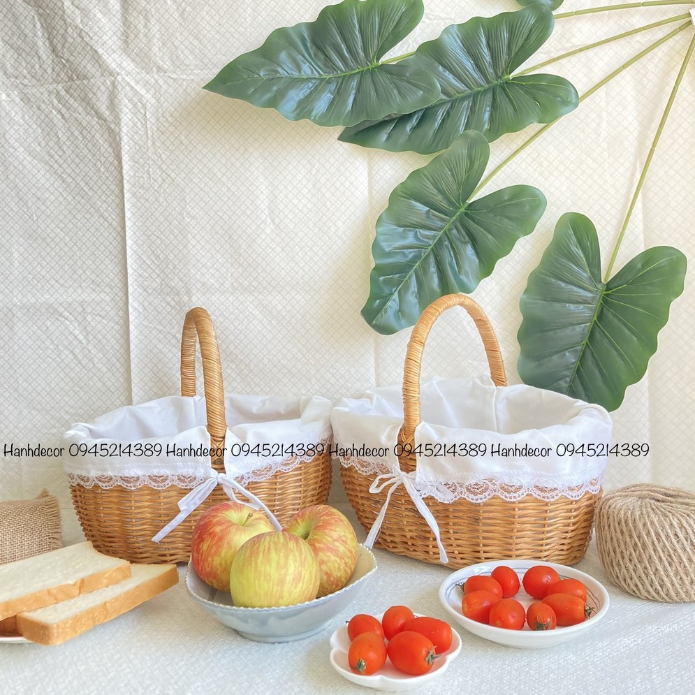 Giỏ pinic có lót vải HANHDECOR , giỏ mây có quai xách đựng trái cây, giỏ đựng trái cây bánh kẹo